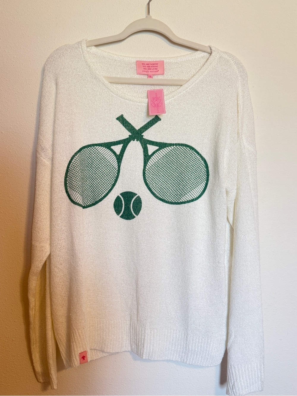 NWT Simply Southern White Sweater with Green Tennis Racket Print